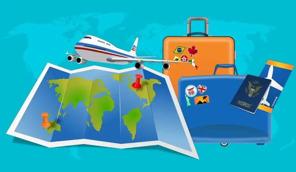 Map, passport, plane